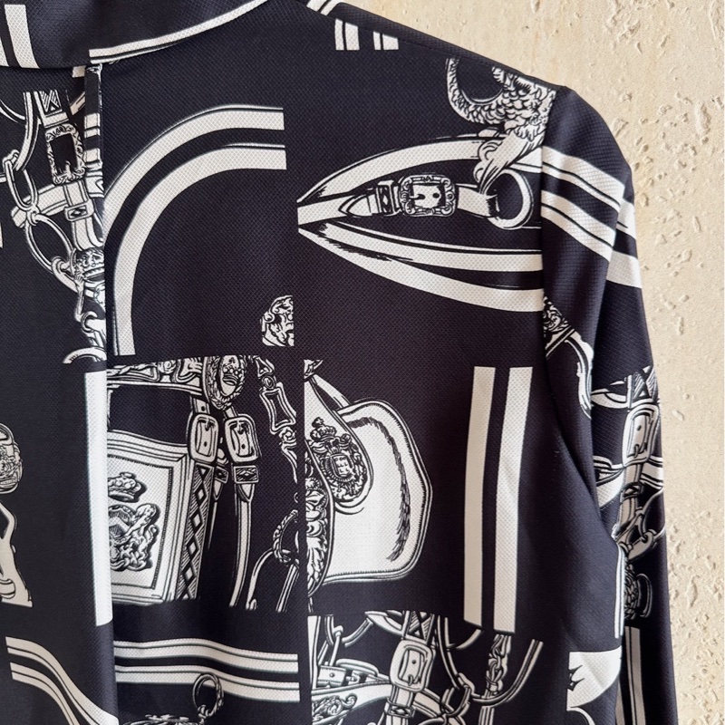 HERMES 黑底白花紋真絲襯衫 36碼-5