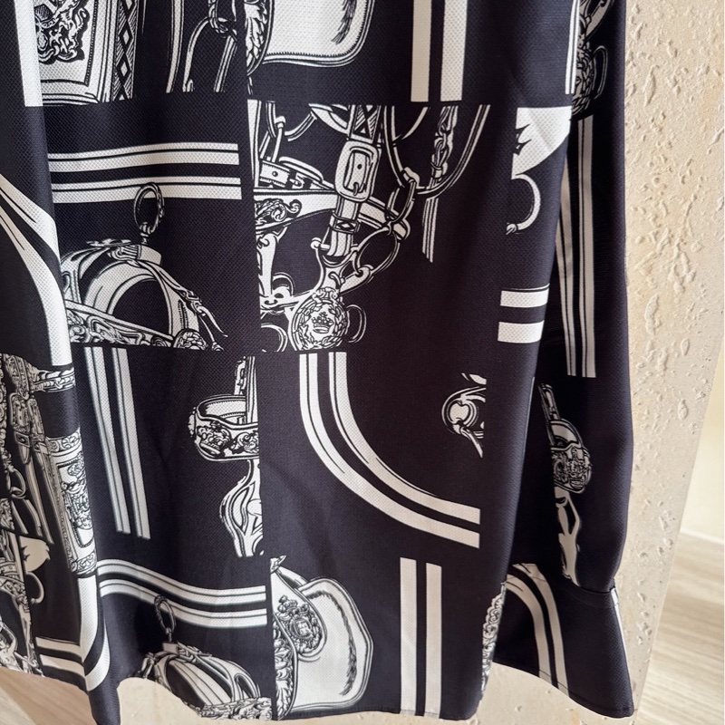 HERMES 黑底白花紋真絲襯衫 36碼-6