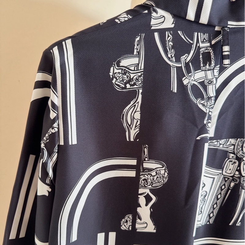 HERMES 黑底白花紋真絲襯衫 36碼-7