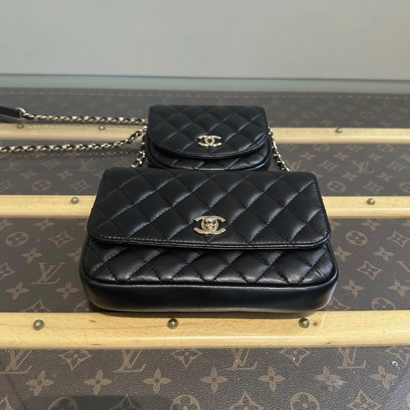 CHANEL黑金菱格紋羊皮雙子星子母鏈條包 19*13*3 98新配件保卡塵袋-2