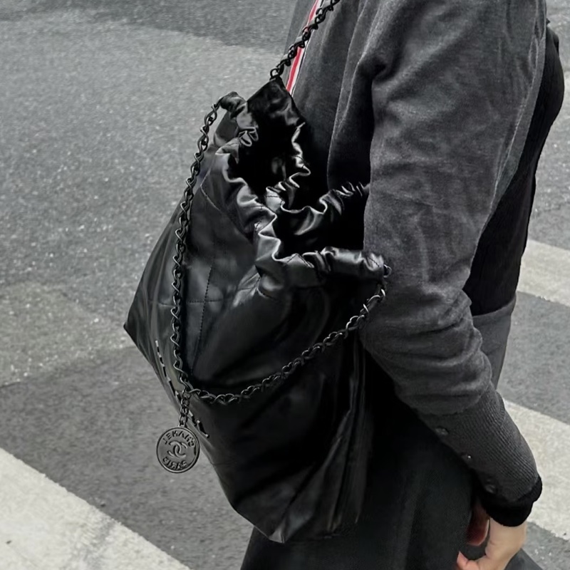 潮男女必備🕶️99新🆕Chanel香奈兒22bag中號so black全黑垃圾袋單肩手提包-0