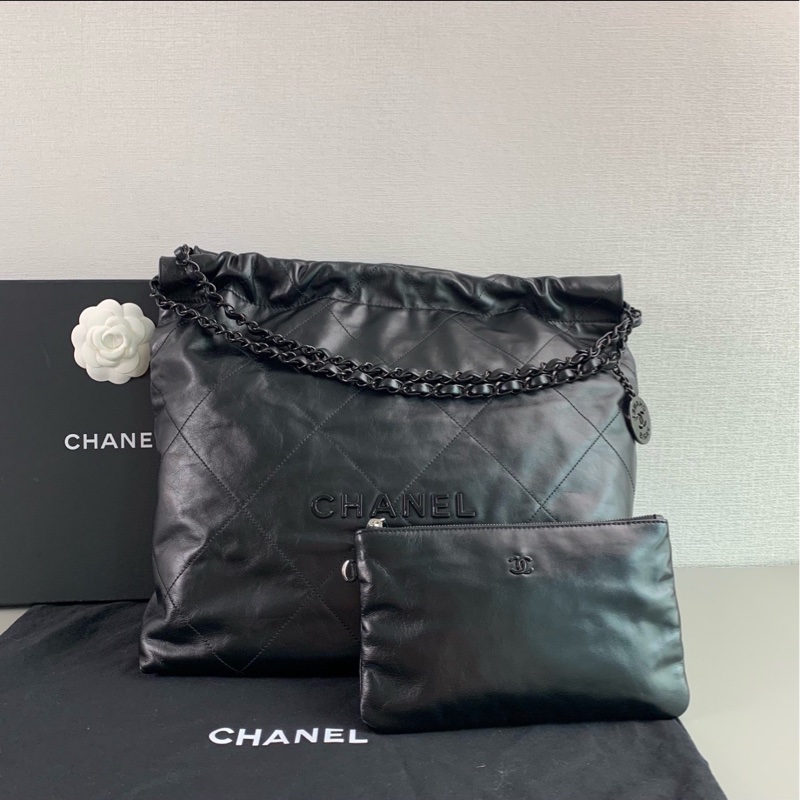 潮男女必備🕶️99新🆕Chanel香奈兒22bag中號so black全黑垃圾袋單肩手提包-5