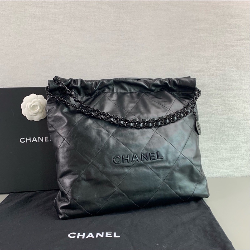潮男女必備🕶️99新🆕Chanel香奈兒22bag中號so black全黑垃圾袋單肩手提包-6