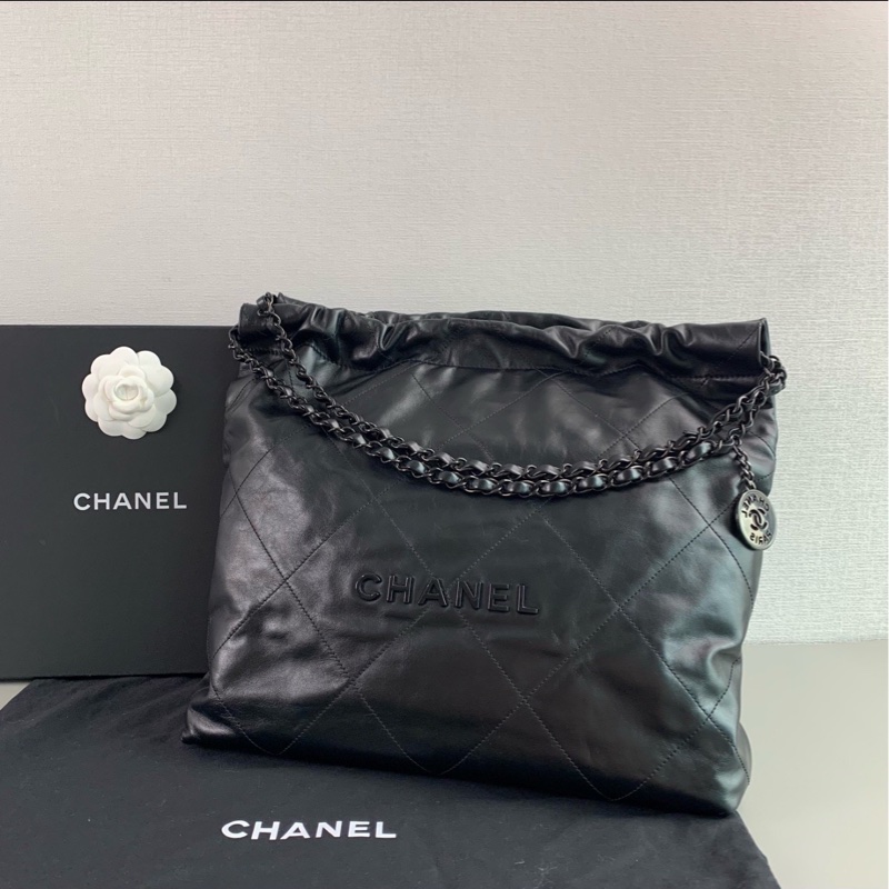 潮男女必備🕶️99新🆕Chanel香奈兒22bag中號so black全黑垃圾袋單肩手提包-7