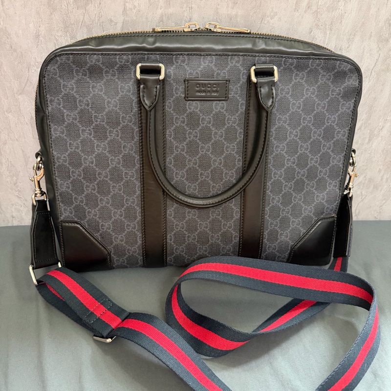 Gucci 經典老花條紋織帶手提/斜背公事包-0