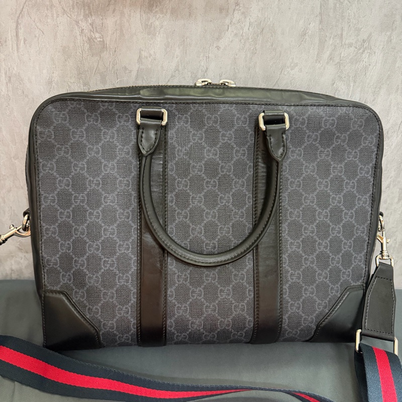 Gucci 經典老花條紋織帶手提/斜背公事包-1