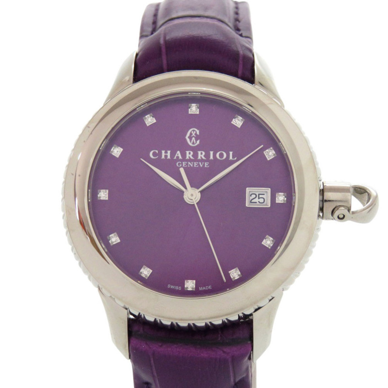 全新未使用夏利豪哥倫布系列12鑽腕錶 CO36QS.369.003，不鏽鋼壓紋皮革錶帶，紫色錶盤，石英機芯，0596 CHARRIOL-0