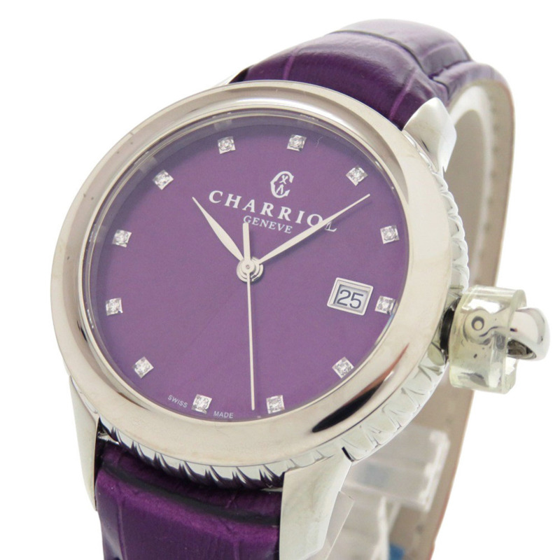 全新未使用夏利豪哥倫布系列12鑽腕錶 CO36QS.369.003，不鏽鋼壓紋皮革錶帶，紫色錶盤，石英機芯，0596 CHARRIOL-1