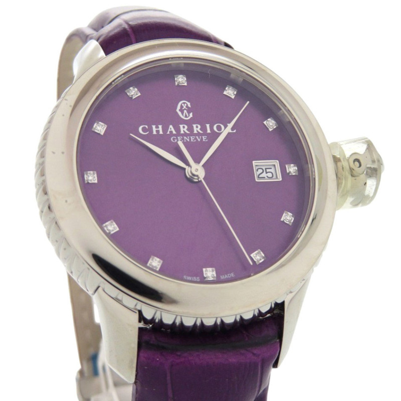 全新未使用夏利豪哥倫布系列12鑽腕錶 CO36QS.369.003，不鏽鋼壓紋皮革錶帶，紫色錶盤，石英機芯，0596 CHARRIOL-2