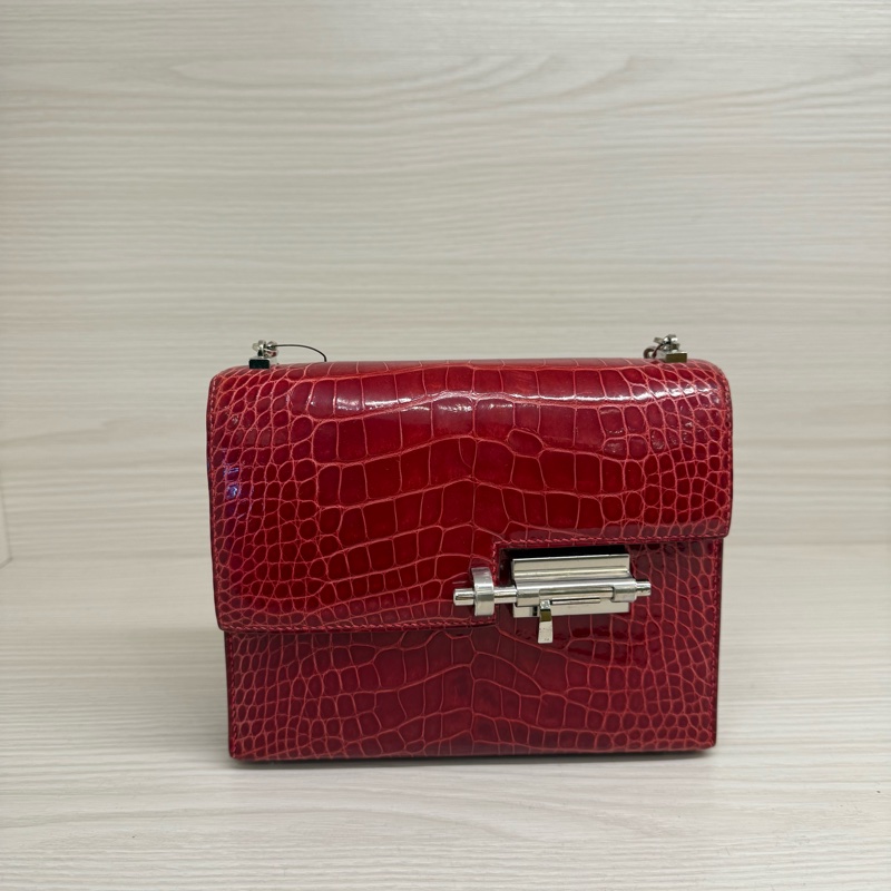 Hermes 亮面框框鱷魚皮銀釦手槍包 A刻95法拉利紅-0