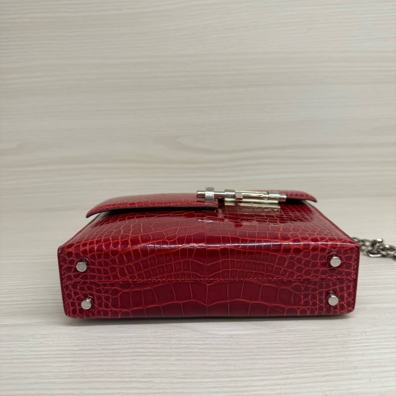 Hermes 亮面框框鱷魚皮銀釦手槍包 A刻95法拉利紅-4