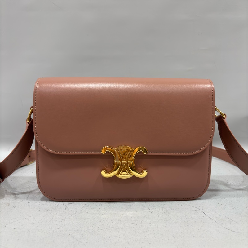 CELINE 187363 TRIOMPHE Box LOGO 乾燥玫瑰色牛皮 金釦凱旋門 肩背包斜背包-0