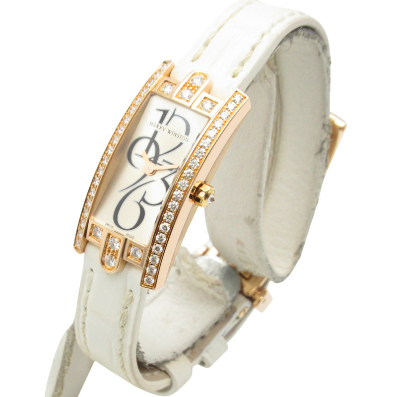 Harry Winston Avenue C 迷你腕錶，18K 玫瑰金，皮革錶帶，女士款，銀色，332 LQRL.W D3.1-1