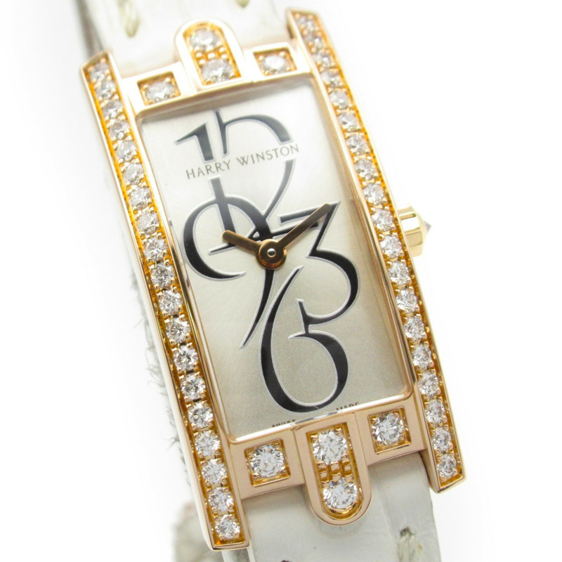 Harry Winston Avenue C 迷你腕錶，18K 玫瑰金，皮革錶帶，女士款，銀色，332 LQRL.W D3.1-2