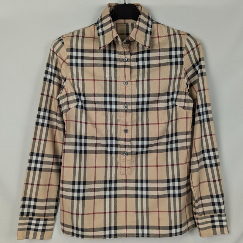 莉亞精品♡Burberry 駝色黑白紅格紋襯衫 尺碼XS 二手美衣-0