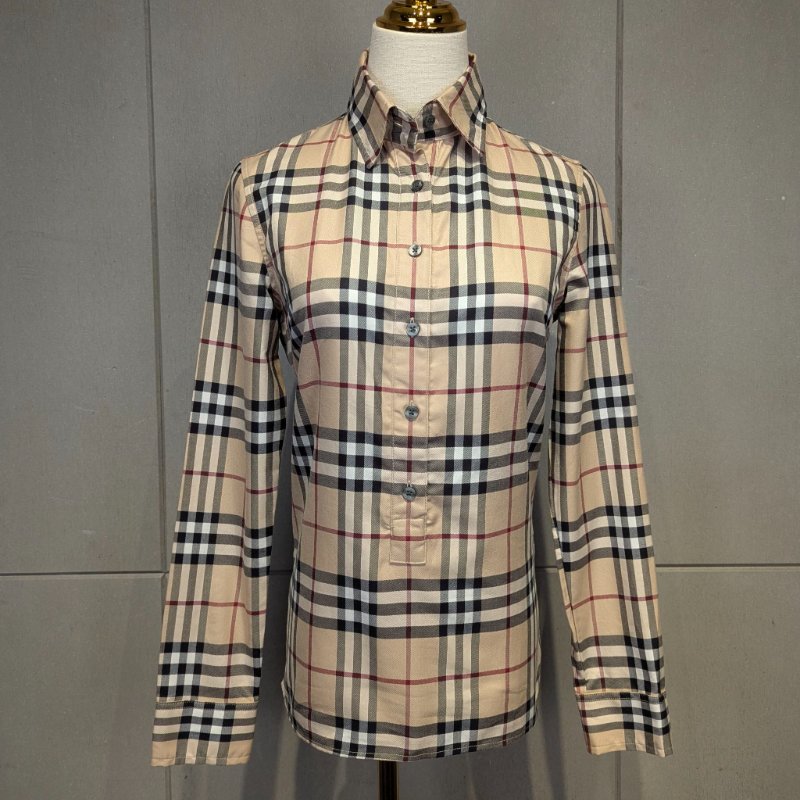 莉亞精品♡Burberry 駝色黑白紅格紋襯衫 尺碼XS 二手美衣-4