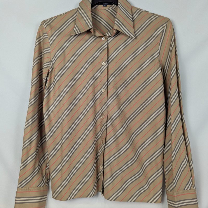 莉亞精品♡Burberry 卡其色黑白紅斜條紋長袖襯衫 尺碼42 二手美衣-0