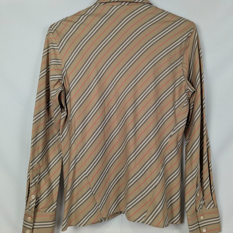 莉亞精品♡Burberry 卡其色黑白紅斜條紋長袖襯衫 尺碼42 二手美衣-1
