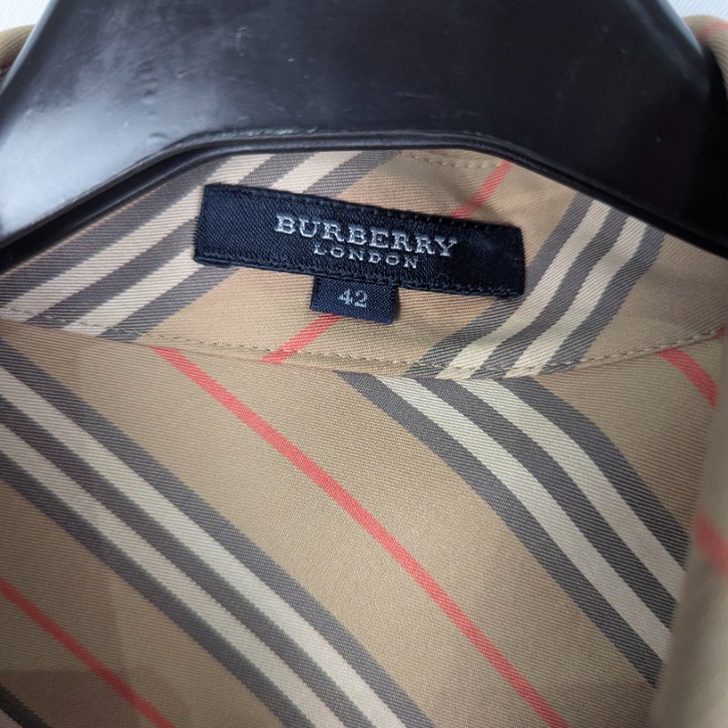 莉亞精品♡Burberry 卡其色黑白紅斜條紋長袖襯衫 尺碼42 二手美衣-3