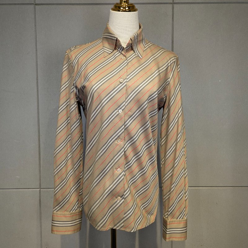 莉亞精品♡Burberry 卡其色黑白紅斜條紋長袖襯衫 尺碼42 二手美衣-4