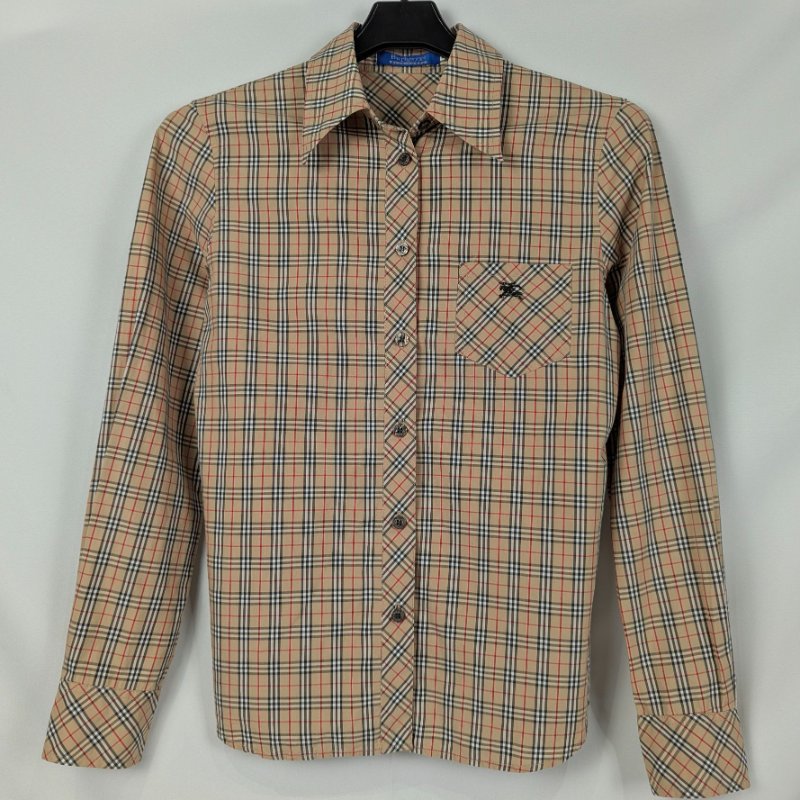 莉亞精品♡Burberry 駝色黑白紅格紋長袖襯衫 尺碼38 二手美衣-0