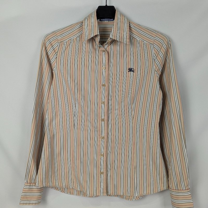 莉亞精品♡Burberry 淺駝色黑白紅直條紋長袖襯衫 尺碼38 二手美衣-0