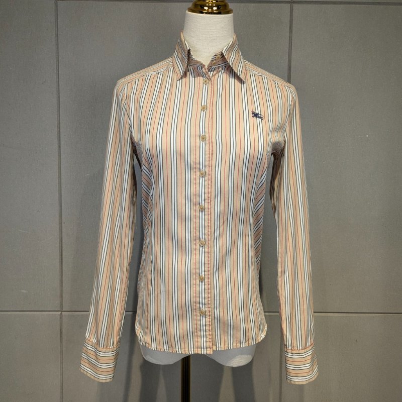 莉亞精品♡Burberry 淺駝色黑白紅直條紋長袖襯衫 尺碼38 二手美衣-4