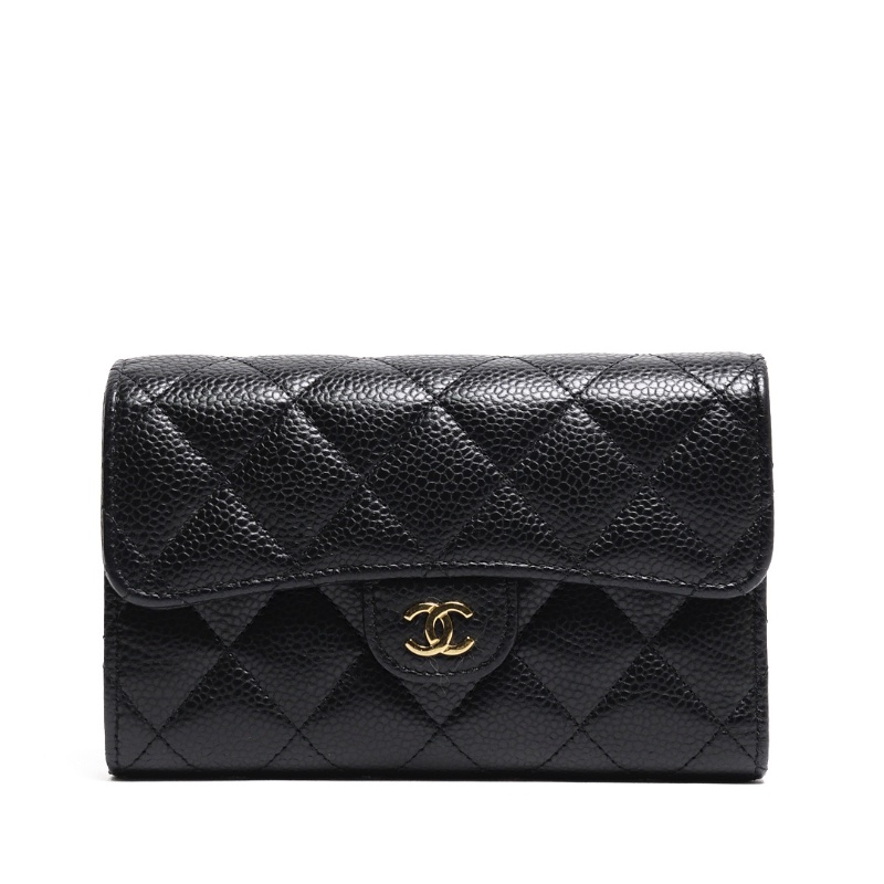 CHANEL 經典金色CC Logo 牛皮三折翻蓋中夾(黑色) 芯片款-0