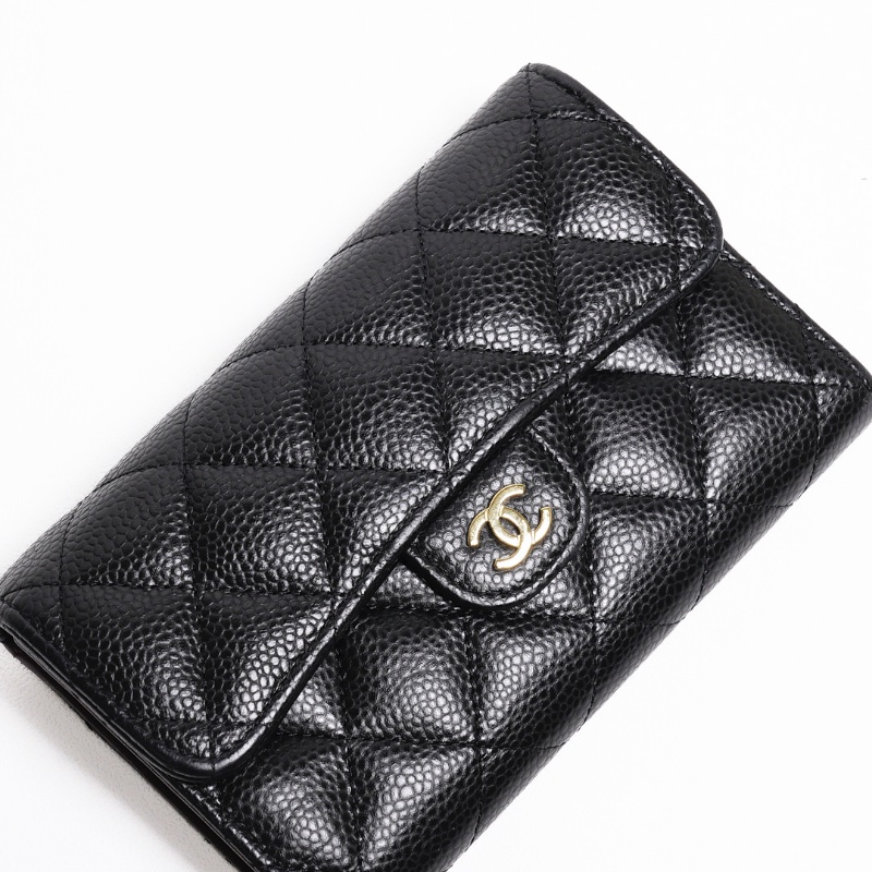 CHANEL 經典金色CC Logo 牛皮三折翻蓋中夾(黑色) 芯片款-4