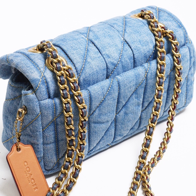 COACH TABBY 20 絎縫牛仔帆布鏈帶肩背/斜背翻蓋兩用包-丹寧藍色-11