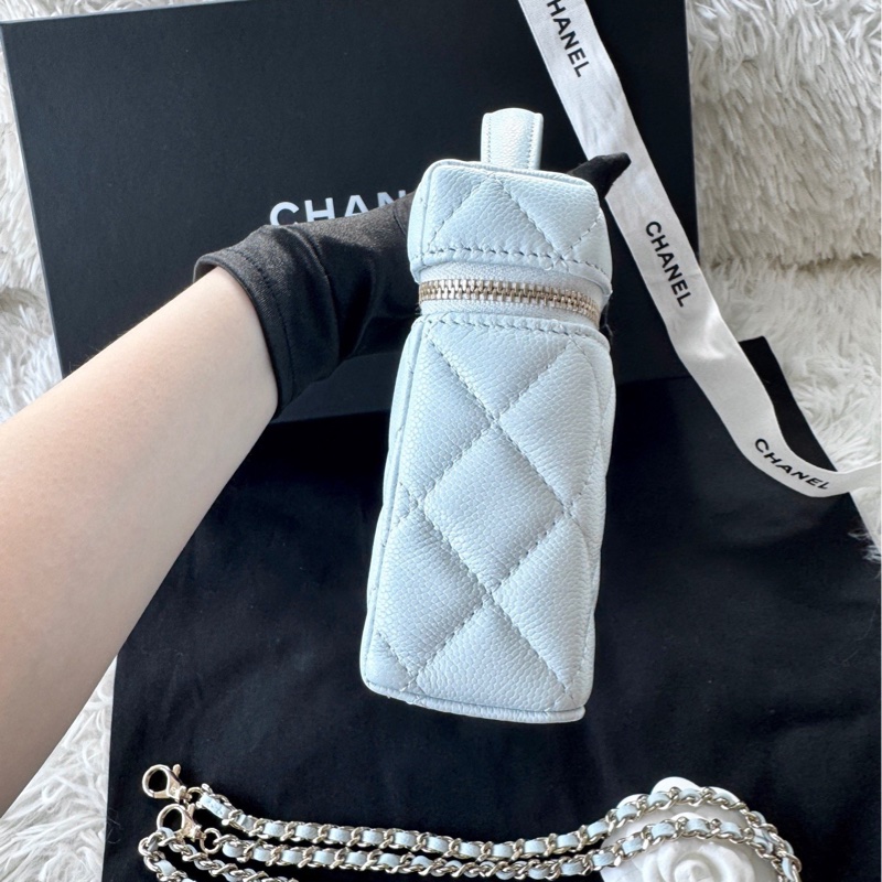 【配件：小票 防塵袋 💕】Chanel 25s lp 飯盒包 盒子包 淡藍色 baby藍 荔枝牛皮 金鍊 鏈條可拆卸 手提 斜挎 單肩-3