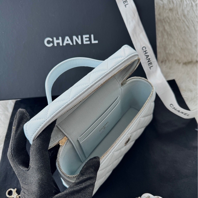 【配件：小票 防塵袋 💕】Chanel 25s lp 飯盒包 盒子包 淡藍色 baby藍 荔枝牛皮 金鍊 鏈條可拆卸 手提 斜挎 單肩-4