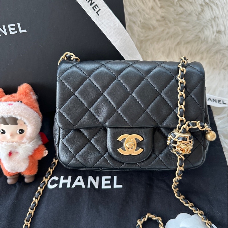 【配件：防塵袋 💕】Chanel 22s cf 核桃金球 方胖子 黑金 黑色 金扣 羊皮 手提 單肩 斜挎-0