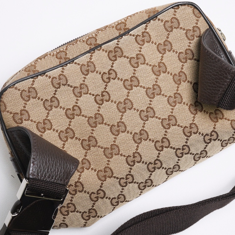 GUCCI 皮革拼緹花布腰包 胸口包-1