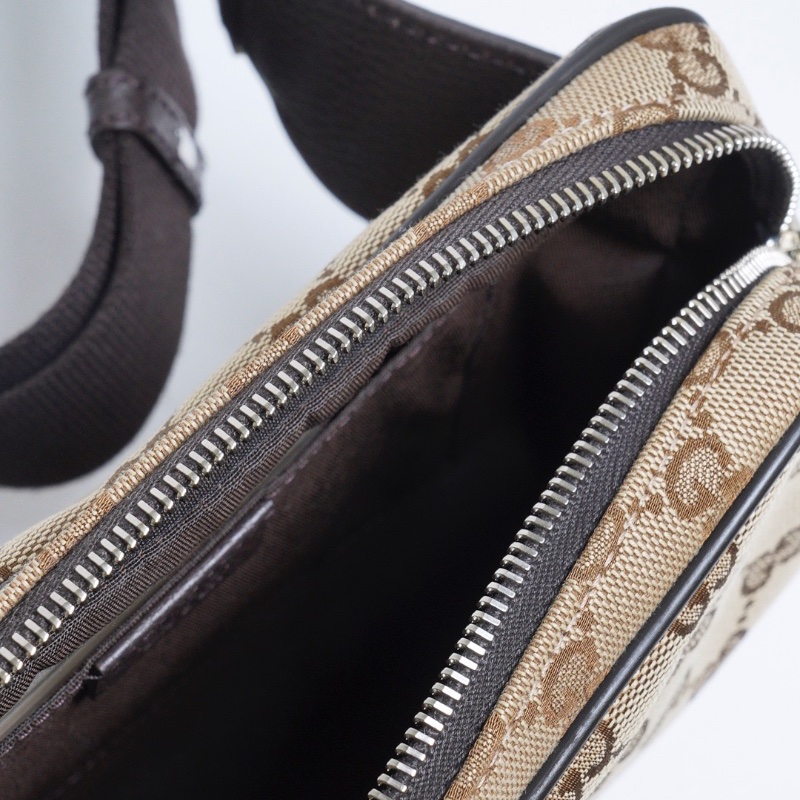 GUCCI 皮革拼緹花布腰包 胸口包-11