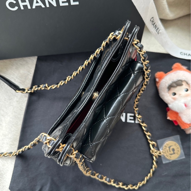 【配件：防塵袋 💕】Chanel 25S 天貓精靈 小號 黑金 黑色 金扣 油蠟皮 牛皮 肩帶可調節 手提 單肩 腋下 斜挎-3