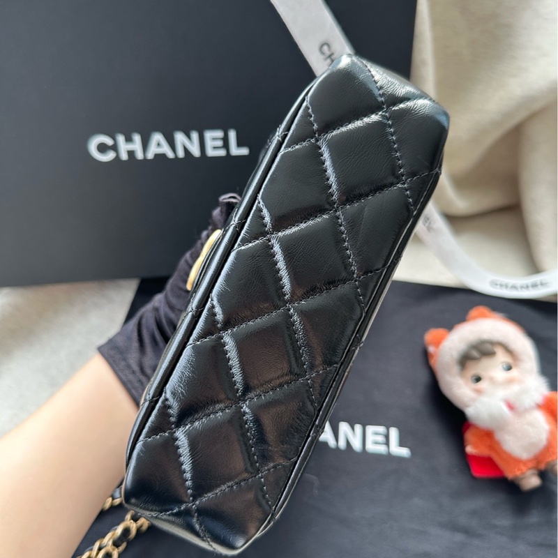 【配件：防塵袋 💕】Chanel 25S 天貓精靈 小號 黑金 黑色 金扣 油蠟皮 牛皮 肩帶可調節 手提 單肩 腋下 斜挎-4