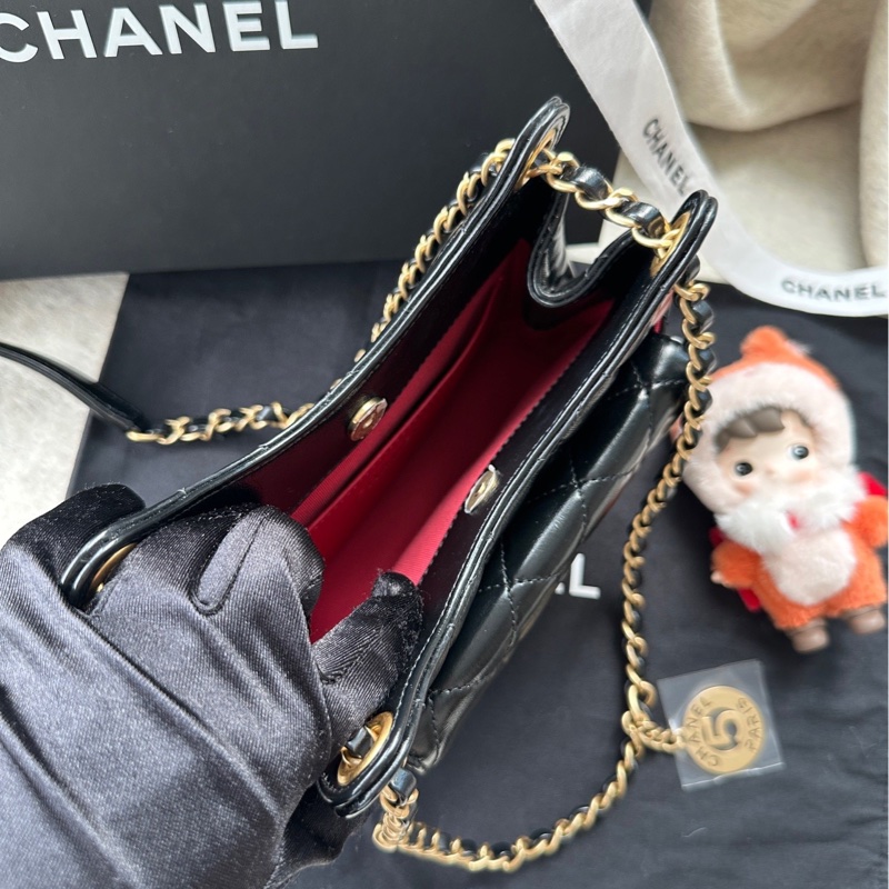 【配件：防塵袋 💕】Chanel 25S 天貓精靈 小號 黑金 黑色 金扣 油蠟皮 牛皮 肩帶可調節 手提 單肩 腋下 斜挎-5