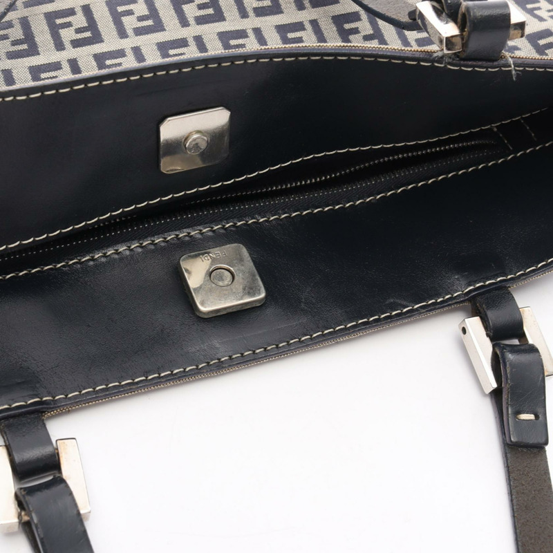 FENDI Zucchino 手提水桶包,帆布皮革材質,米色/海軍藍,二手女款-6