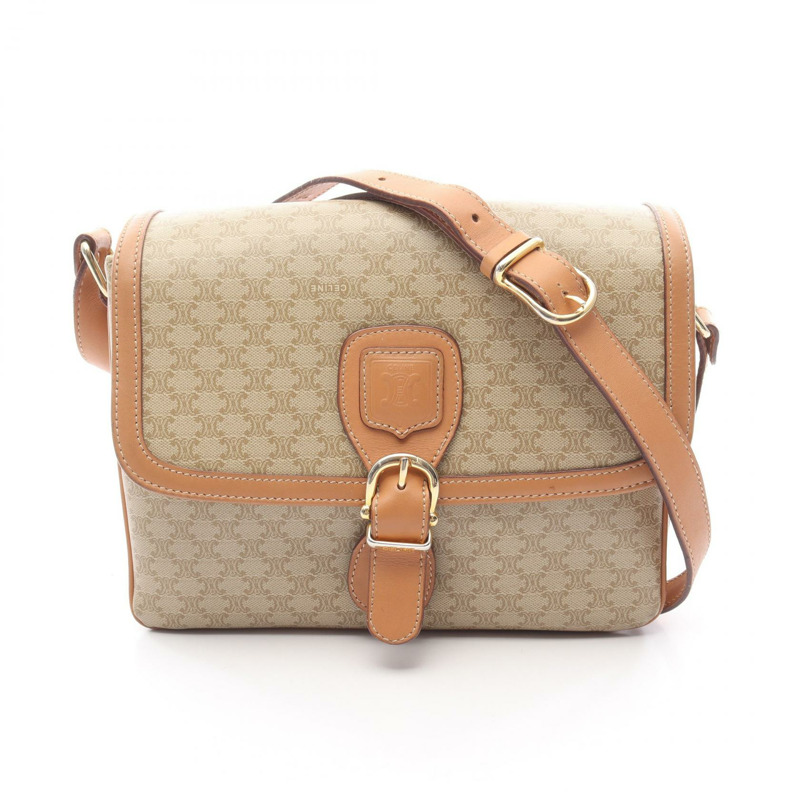 CELINE Macadam 肩挎斜背包，帆布皮革，米色/棕色，二手女款-0