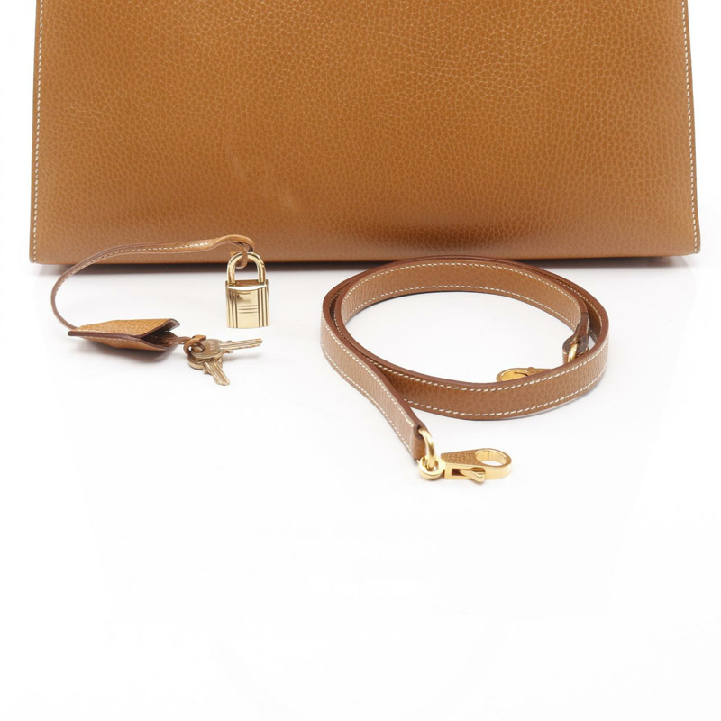 愛馬仕 Kelly 32 單肩手提包，Ardennes 皮革，棕色，天然色，二手，女士，金色五金-5