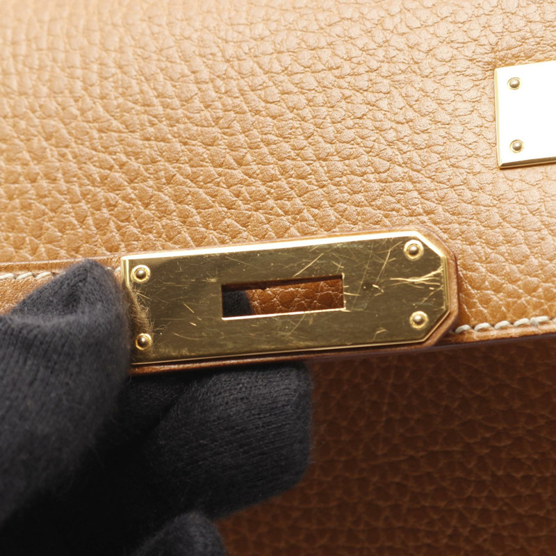 愛馬仕 Kelly 32 單肩手提包，Ardennes 皮革，棕色，天然色，二手，女士，金色五金-6