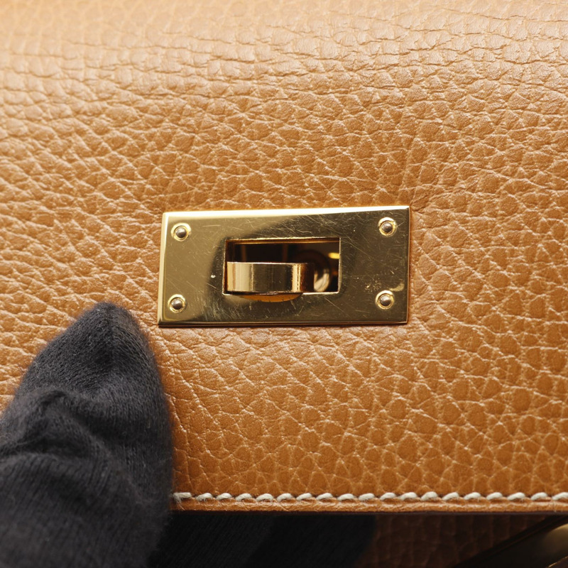 愛馬仕 Kelly 32 單肩手提包，Ardennes 皮革，棕色，天然色，二手，女士，金色五金-8