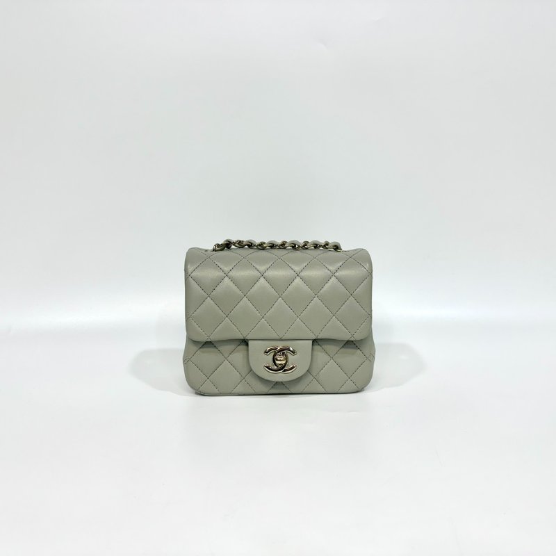 CHANEL鼠尾草灰羊皮菱格淡金釦方胖 A35200-0