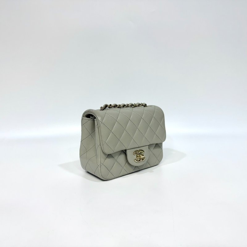CHANEL鼠尾草灰羊皮菱格淡金釦方胖 A35200-2