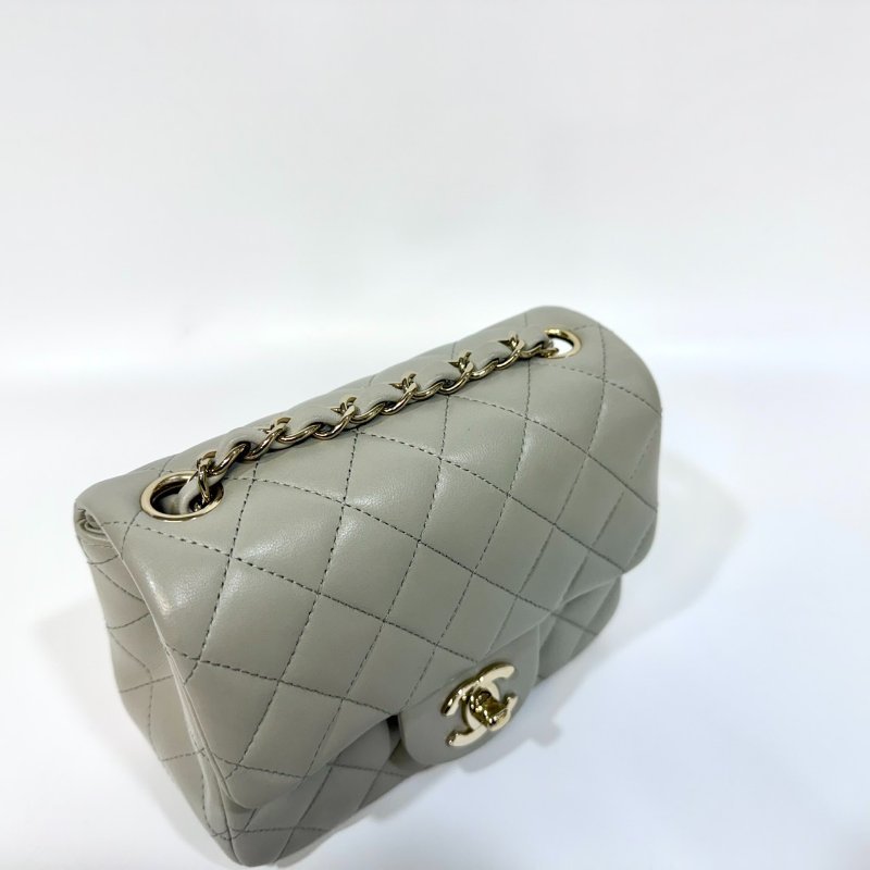 CHANEL鼠尾草灰羊皮菱格淡金釦方胖 A35200-11