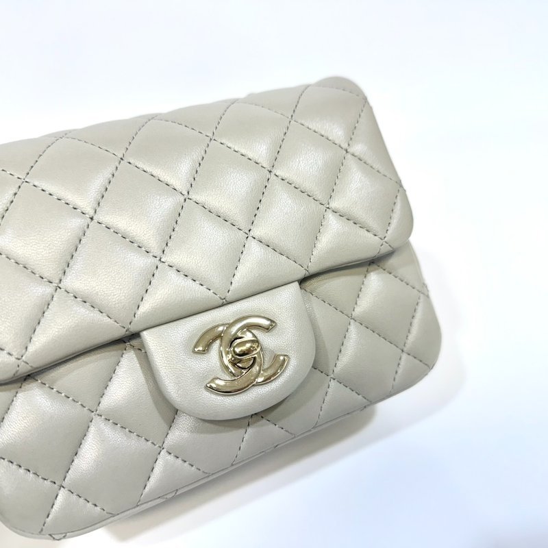 CHANEL鼠尾草灰羊皮菱格淡金釦方胖 A35200-15