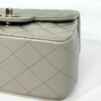 CHANEL鼠尾草灰羊皮菱格淡金釦方胖 A35200-17