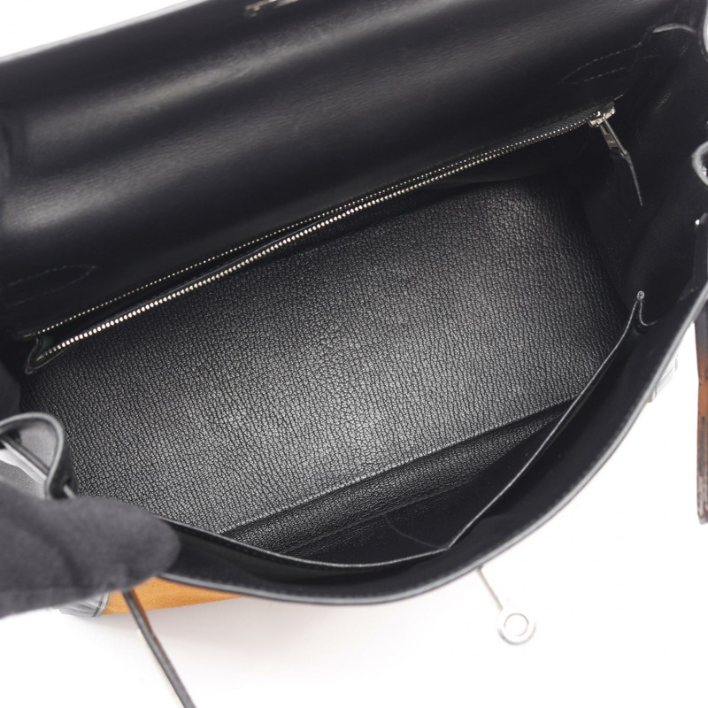 愛馬仕 Kelly 28 單肩手提包 Box 小牛皮 Toile potamos 黑色 橙色 J-2