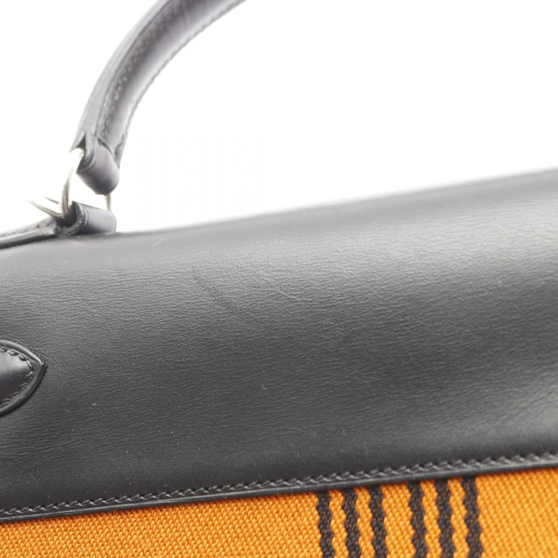 愛馬仕 Kelly 28 單肩手提包 Box 小牛皮 Toile potamos 黑色 橙色 J-8